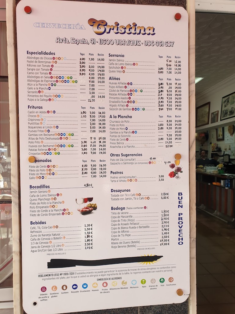 Bar Cerveceria Cristina — Carta