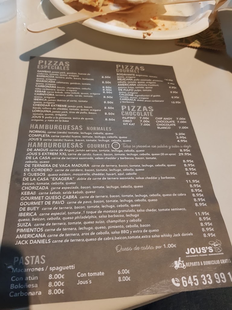 Pizzeria,hamburgueseria jous — Carta