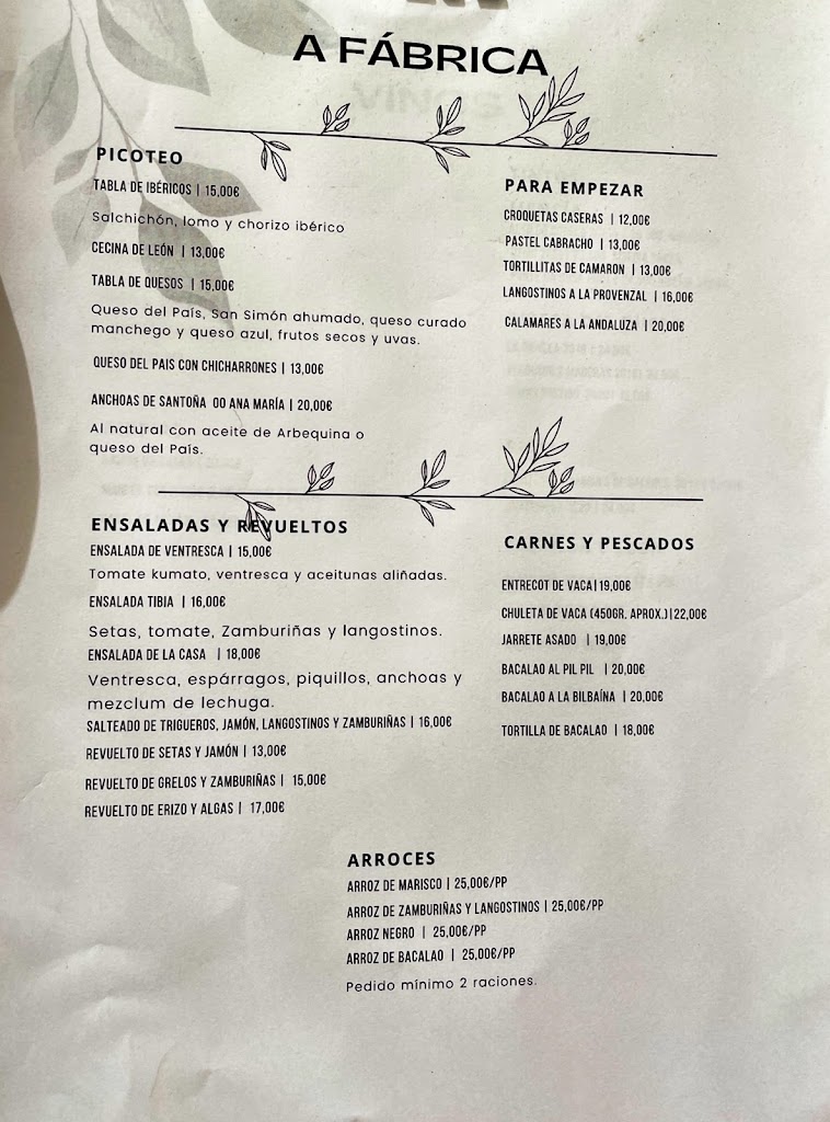 Restaurante A Fabrica — Carta
