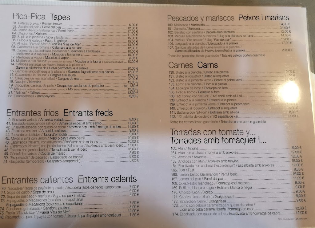 Restaurante Pas de Mar — Carta