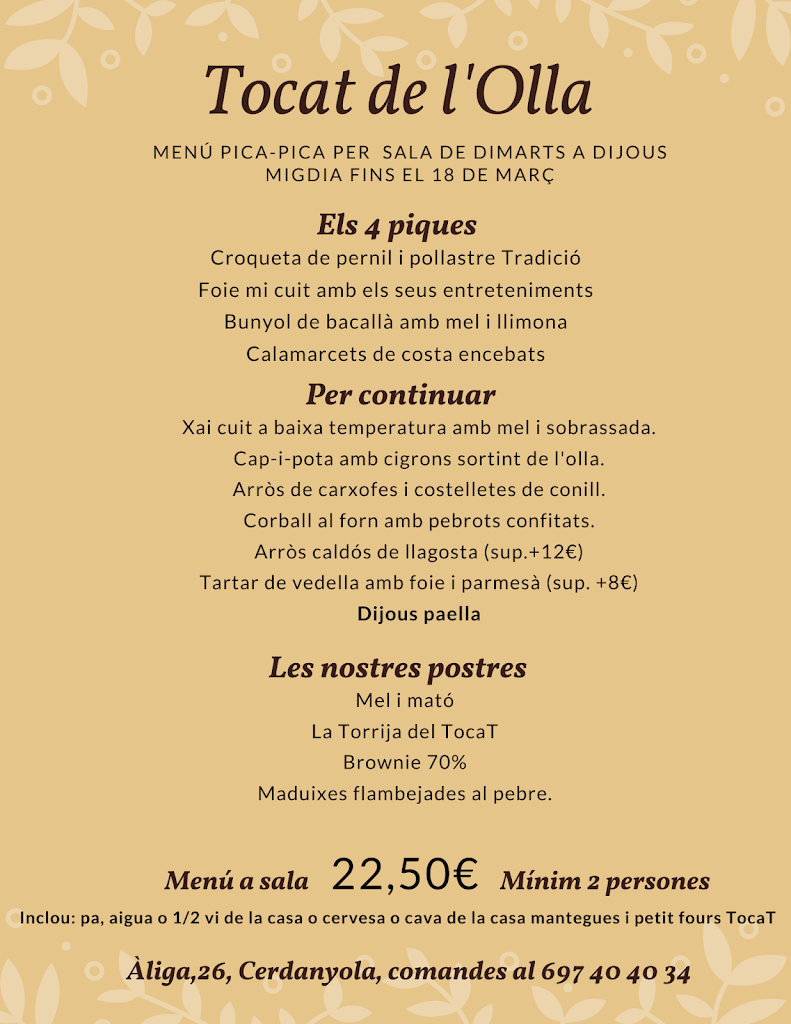 Restaurant Tocat de l'Olla — Carta