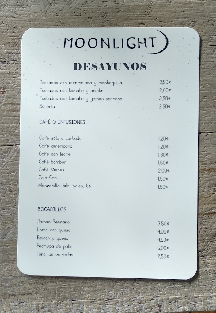 Cafeteria Moonlight — Carta