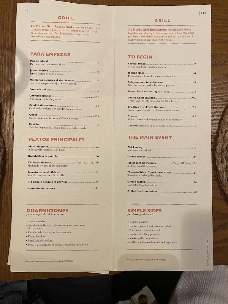 Restaurante Grill Mares — Carta