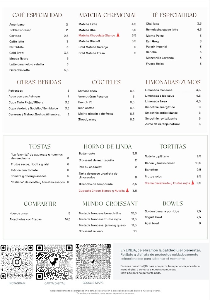 LINDA Specialty Coffee & Brunch  Slow life * Refugio de sabor y bienestar — Carta