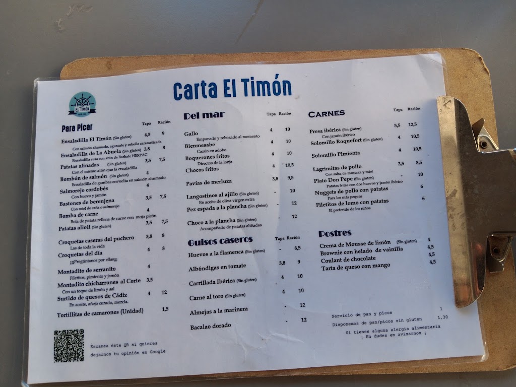 Cafe-Bar El Timon — Carta