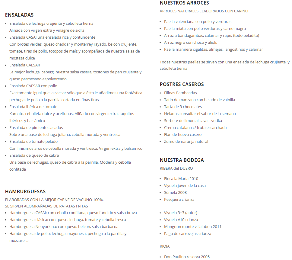 Restaurante Casai — Carta