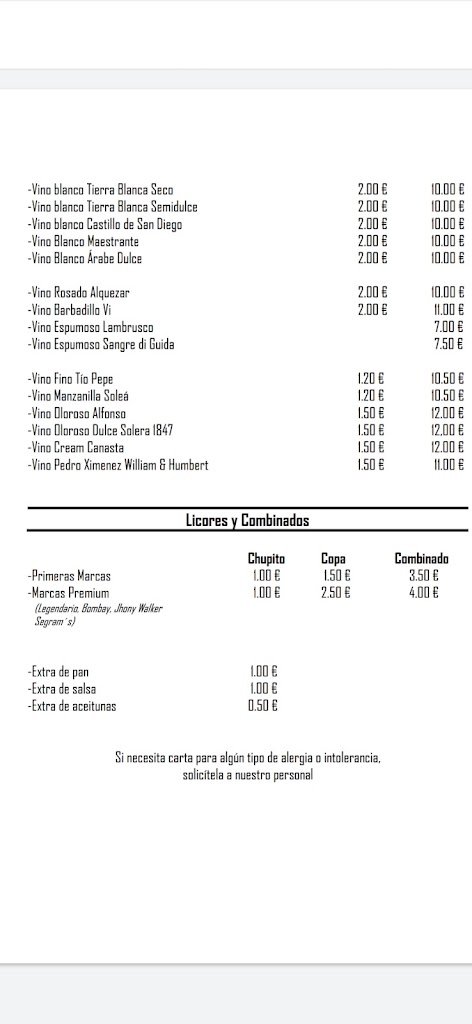 Atalaya Gastrobar — Carta