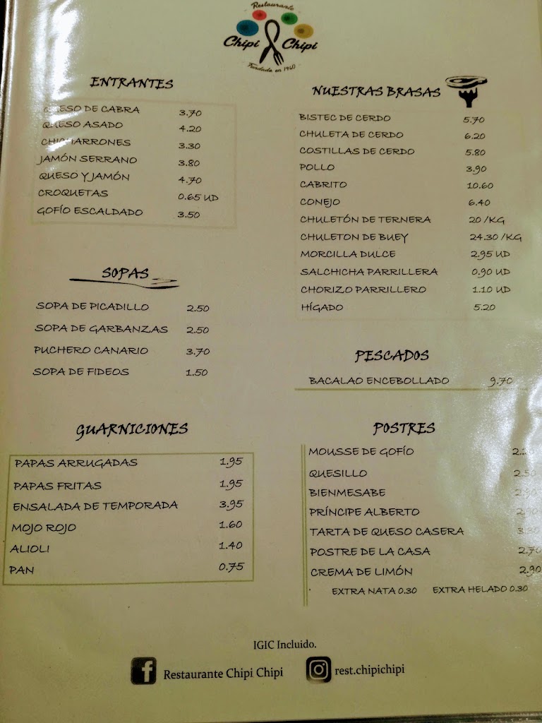 Restaurante Chipi-Chipi — Carta