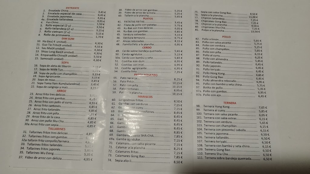 Bar Restaurante Sol — Carta