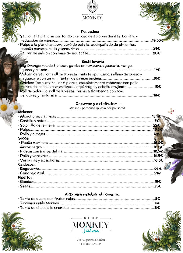 Restaurante Blue Monkey — Carta