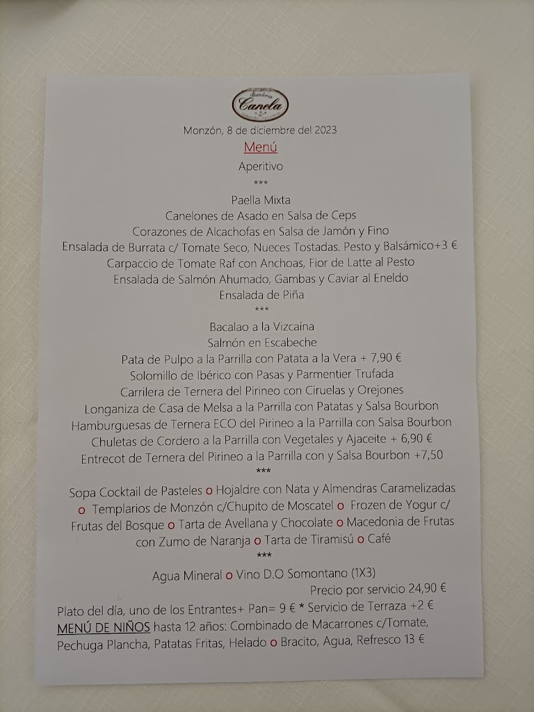 Pasteleria Restaurante Canela — Carta