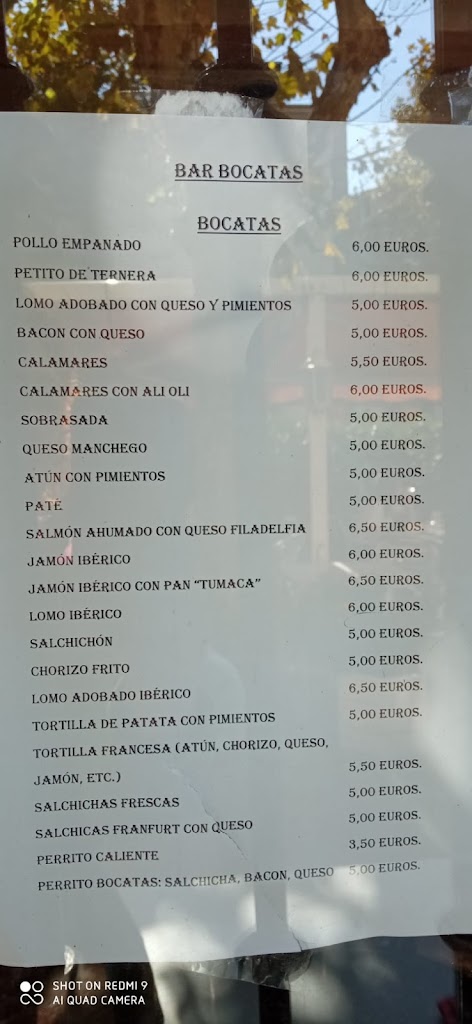 Bar Bocatas — Carta