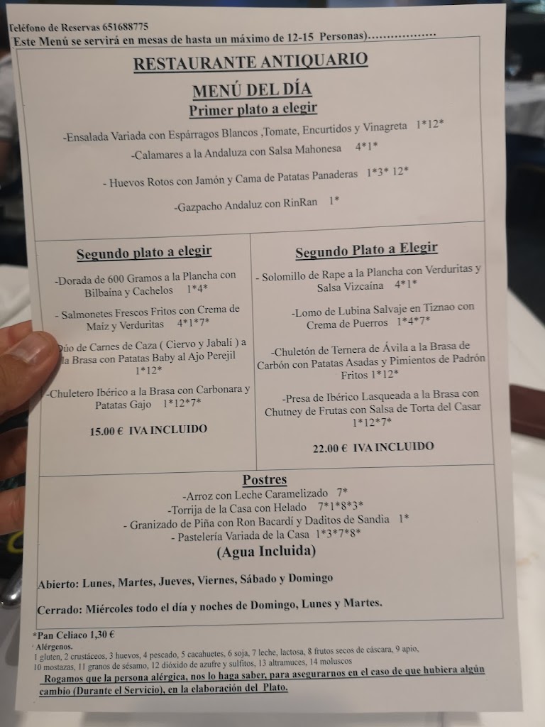 Restaurante Antiquario — Carta