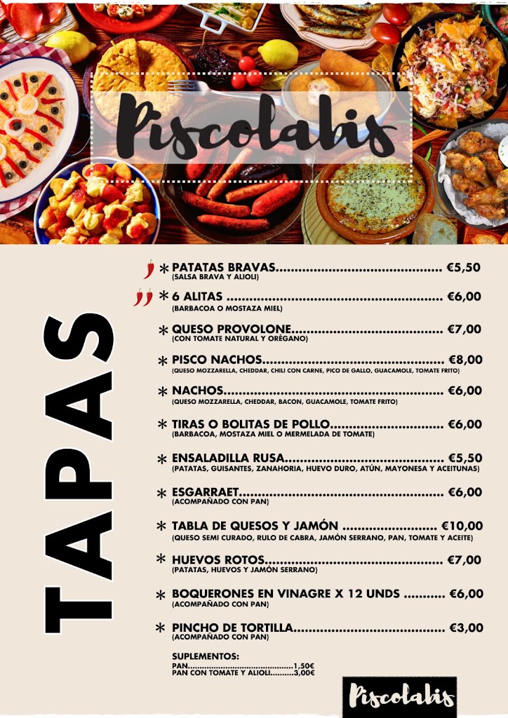 Bar, Cafeteria y Cerveceria Piscolabis — Carta