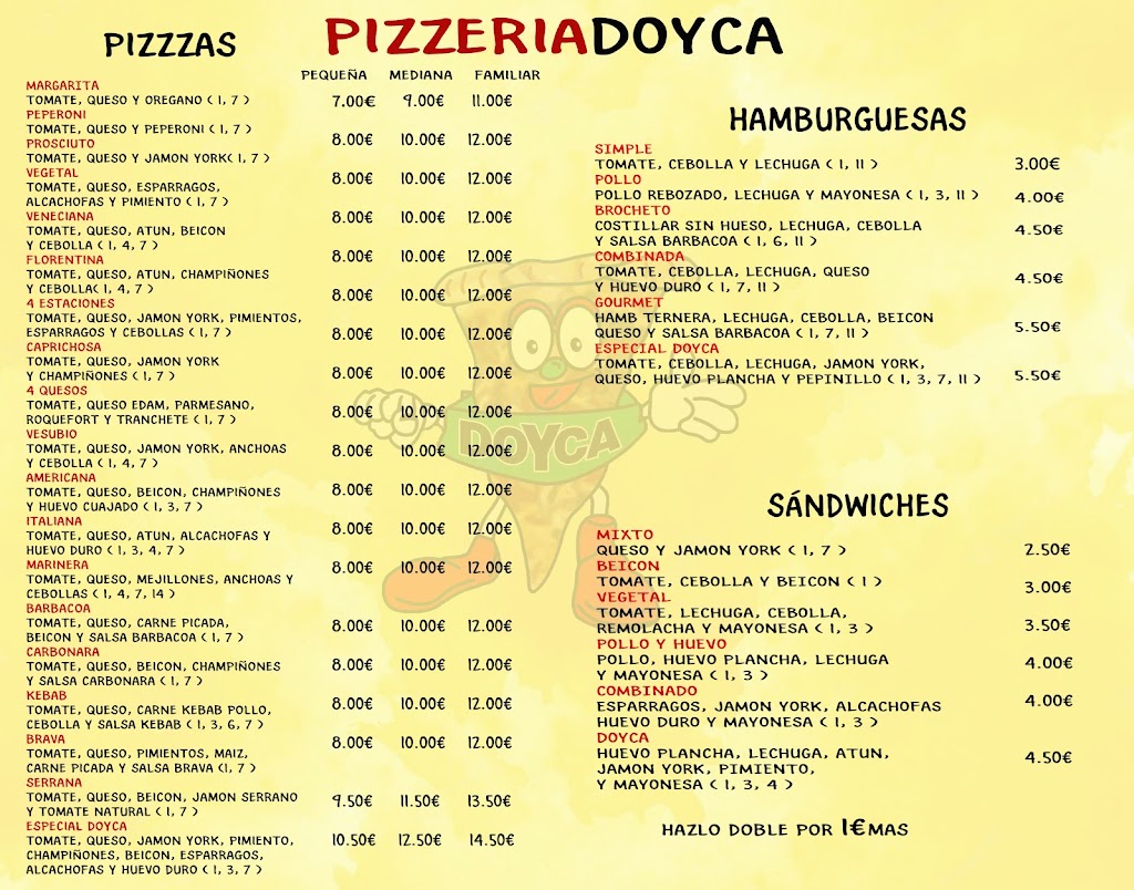 Pizzeria Doyca — Carta