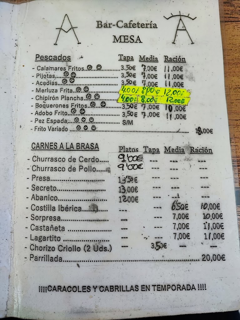 Bar Cafeteria Mesa — Carta