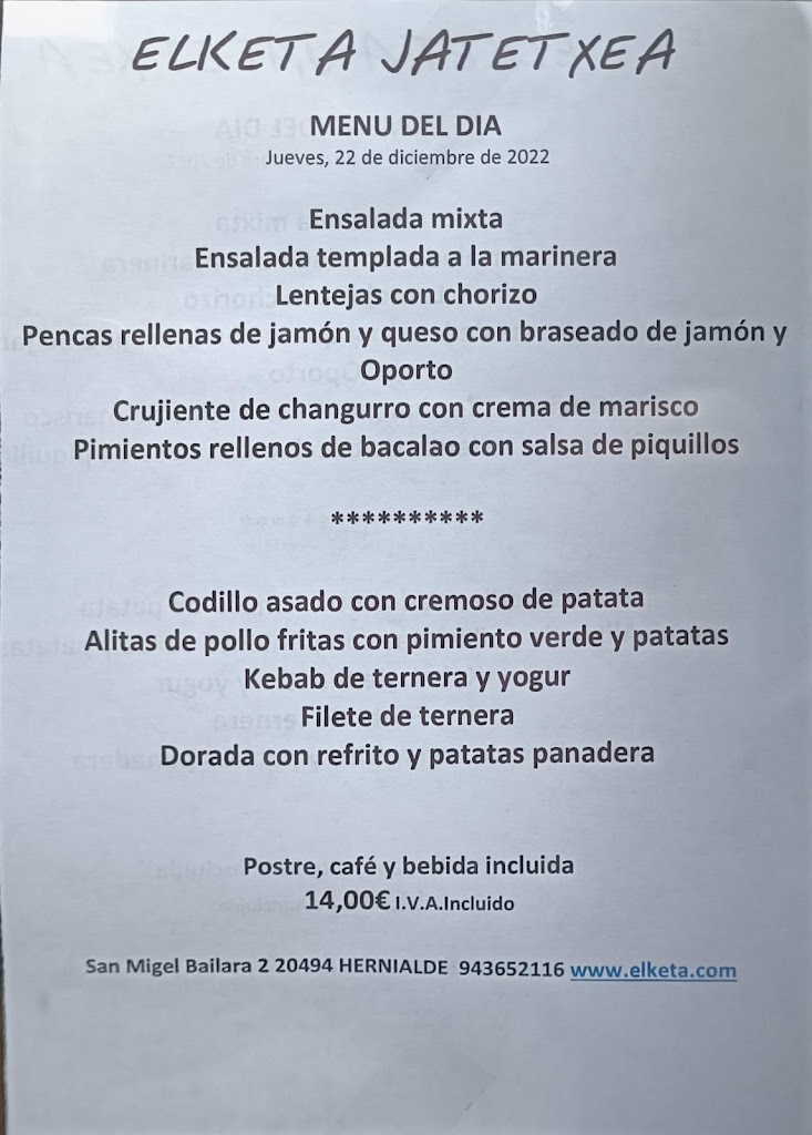 Elketa Jatetxea — Carta