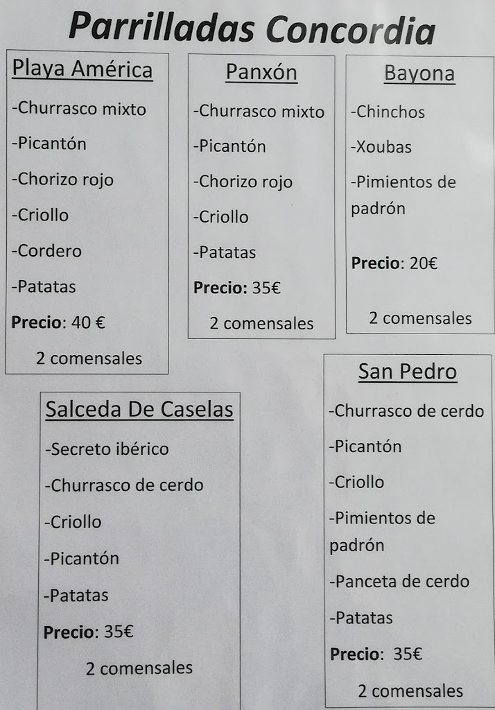 Restaurante Cafeteria Concordia — Carta