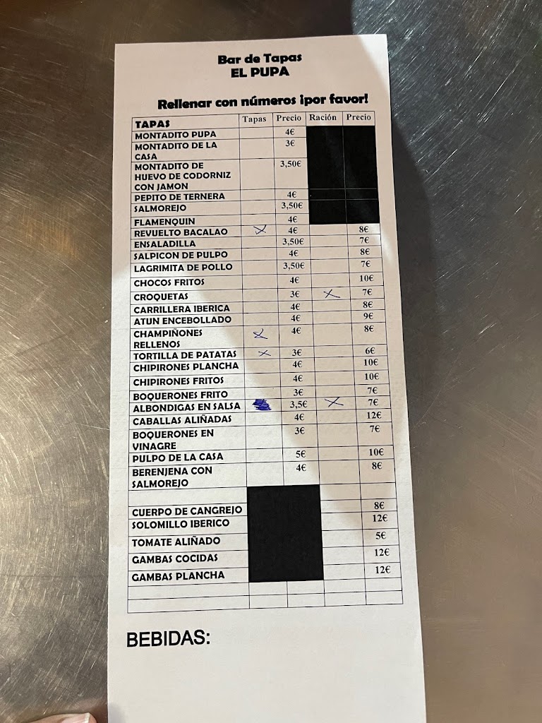 Bar El Pupa — Carta
