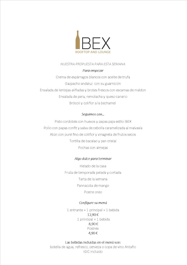 Ibex Rooftop Bar — Carta