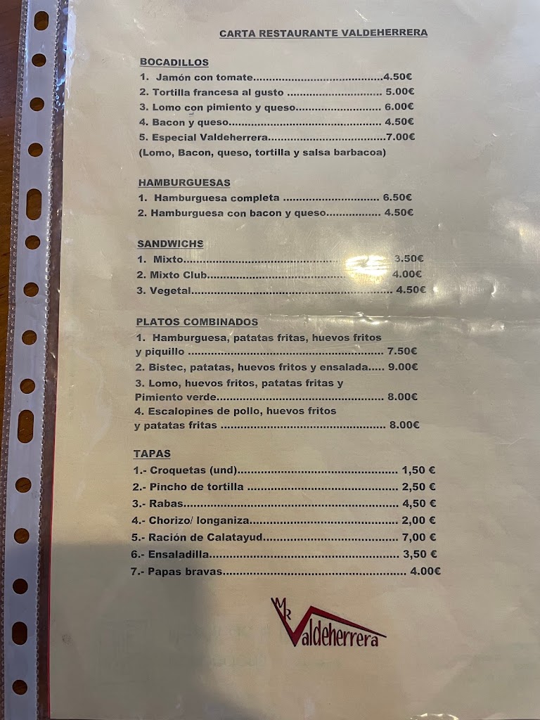 Restaurante Cafeteria Valdeherrera — Carta