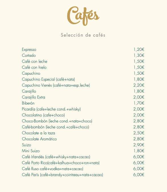 Cafe k-fe — Carta