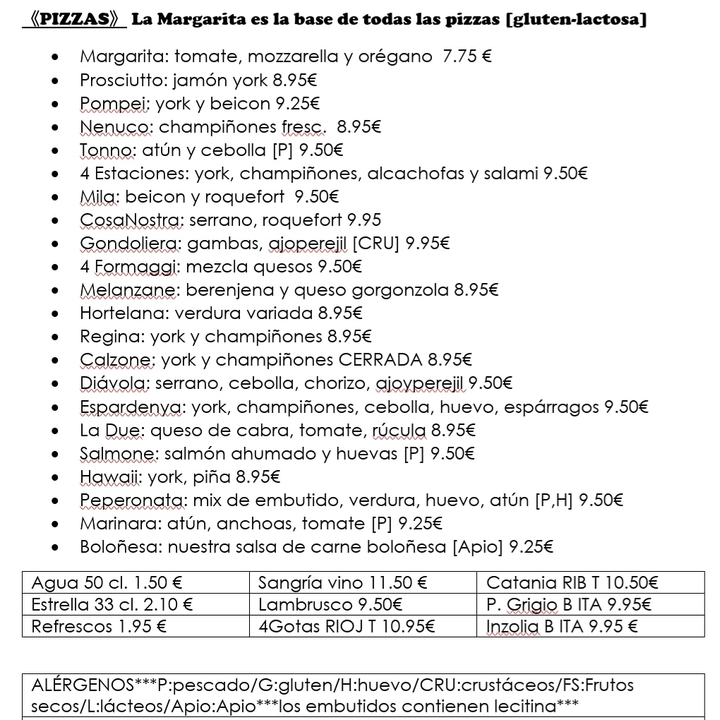 Restaurante Peperonata — Carta