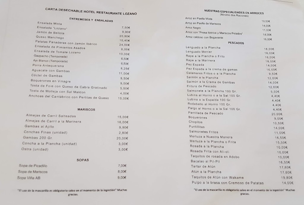 Hotel Lozano — Carta