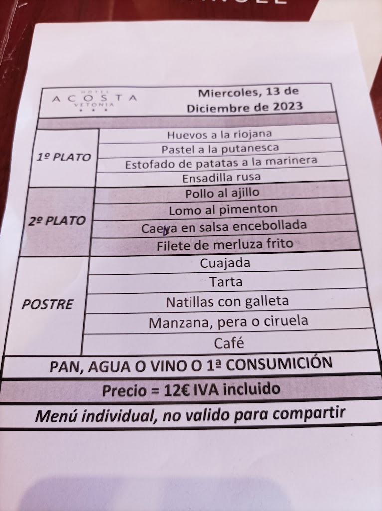 Restaurante hotel Acosta vetonia — Carta