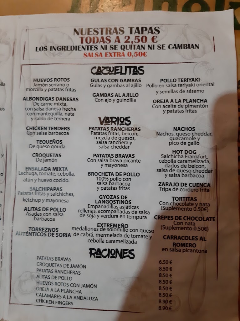 Bar El Quinto Tapon — Carta