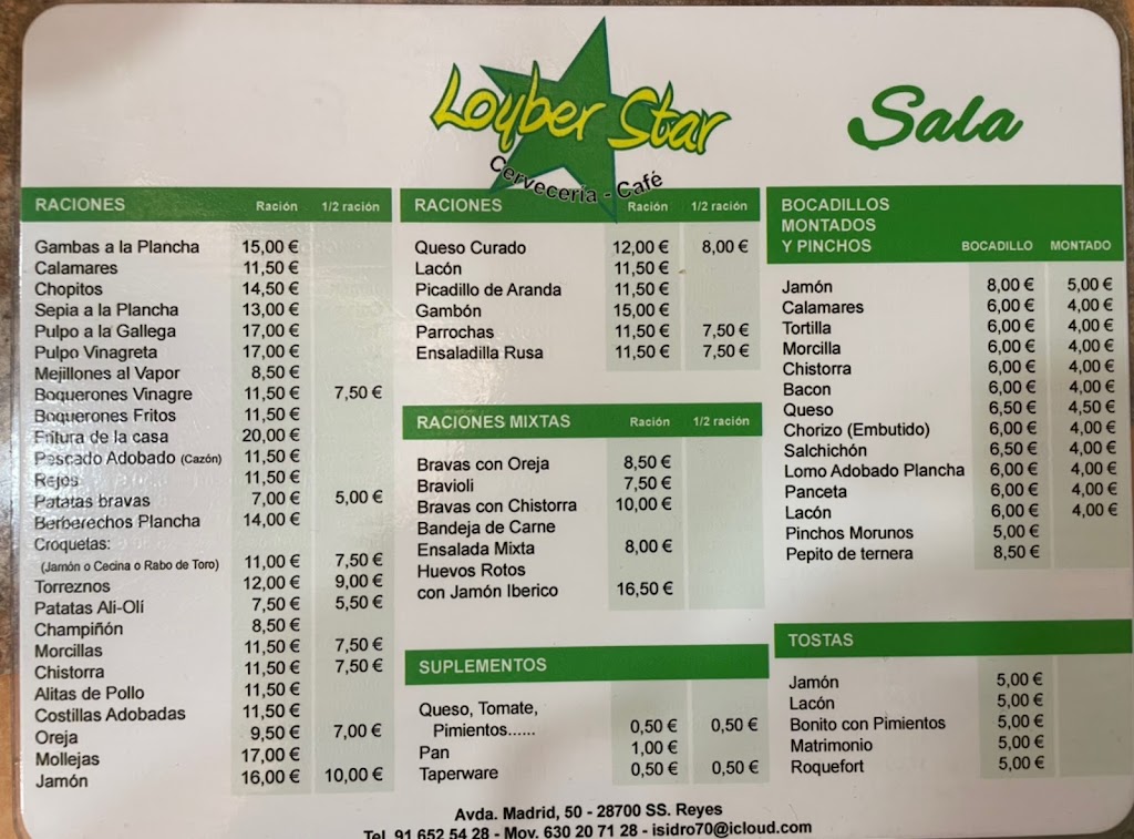 Restaurante Loyber Star — Carta