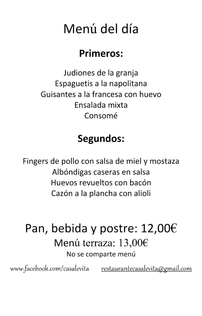 Bar restaurante Casa Levita — Carta