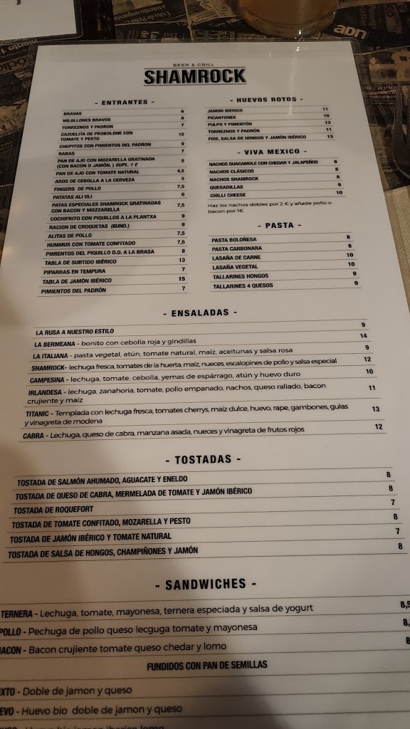 Cerveceria Shamrock — Carta