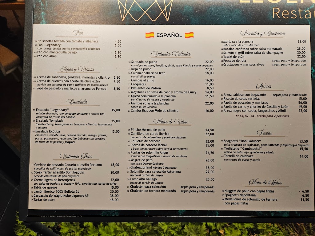 Restaurante Legendary — Carta