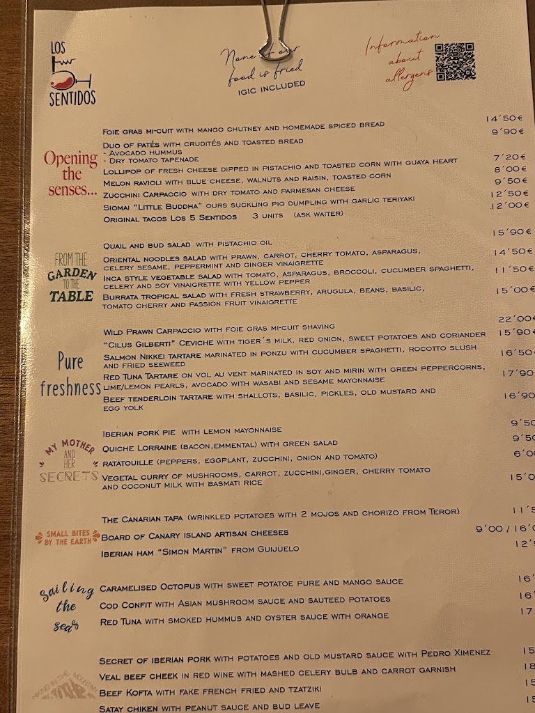 Restaurante Los 5 Sentidos — Carta