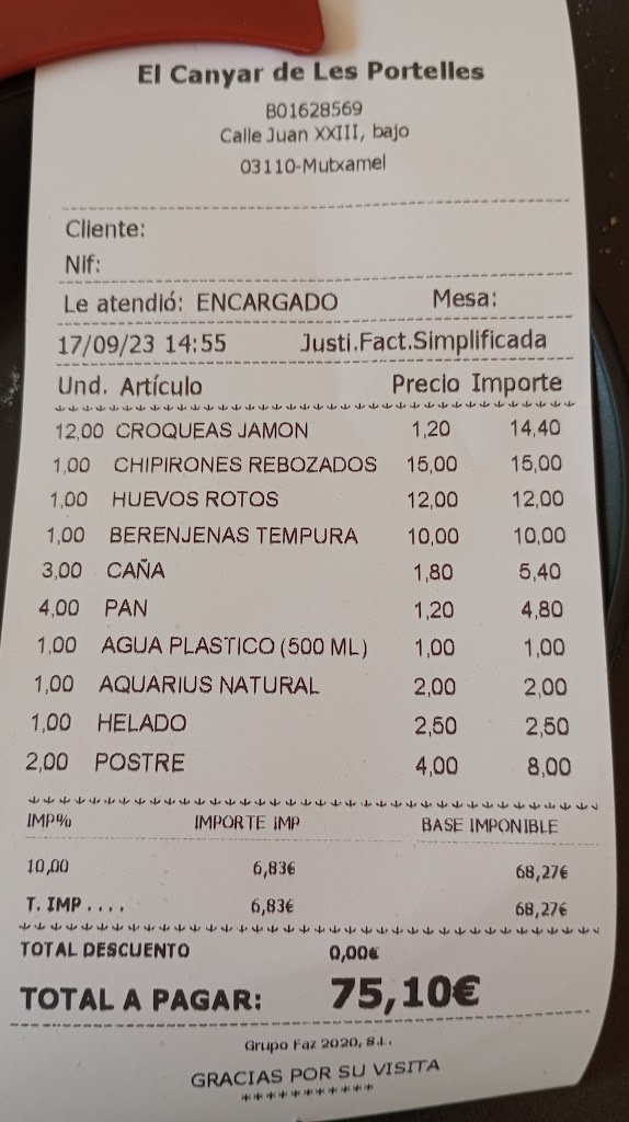 Restaurante El Canyar De Les Portelles — Carta