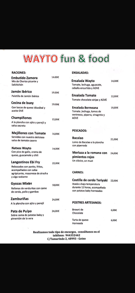 Restaurante Wayto Fun & Food Arrigunaga — Carta