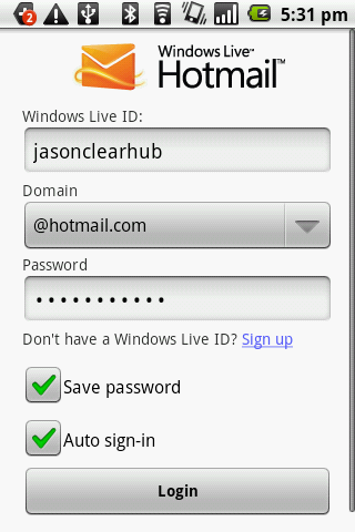 Windows Live Hotmail PUSH mail Screen 1