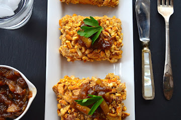 Ideas for a Vegan Thanksgiving: Pretzel & Cashew Crusted Tofu with Sweet Onion Chutney