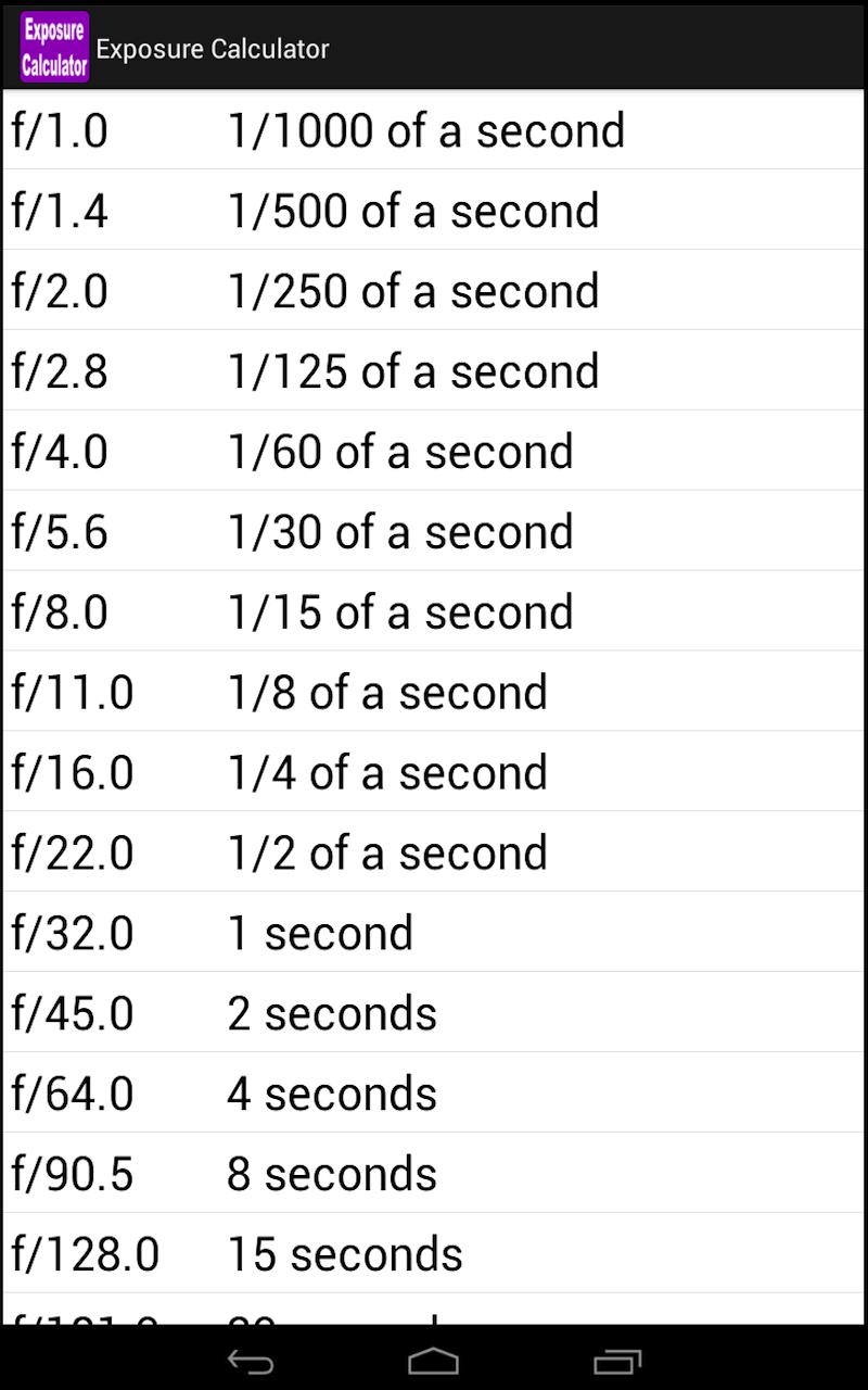 Exposure Calculator Screen 3