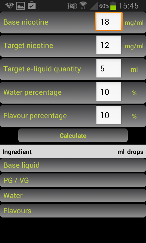 E-Liquid Calculator NOADS Screen 2