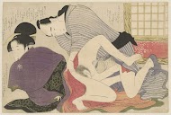 Geisha en minnaar bij vrijstaand kamerscherm