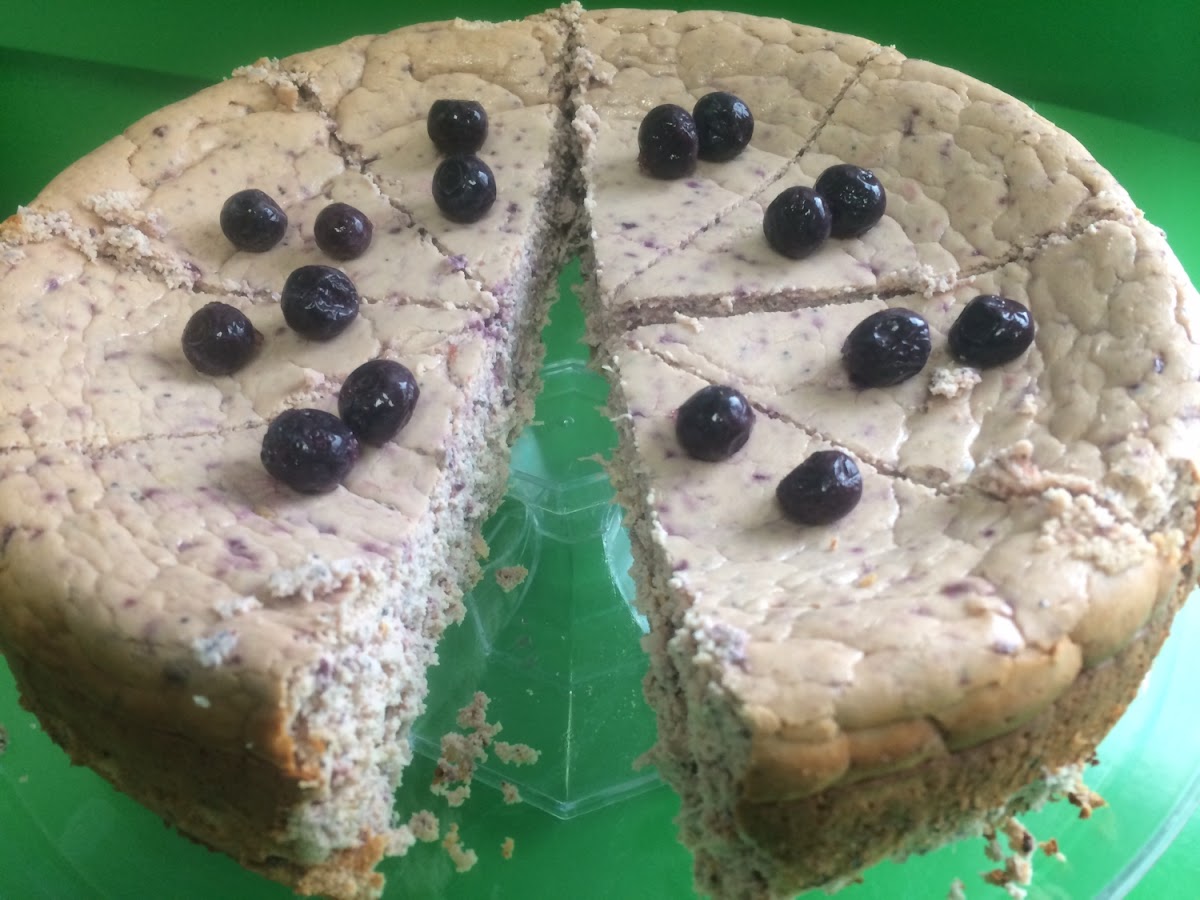 gluten free ptotein filled blueberry lemon poppy seed cheesecake