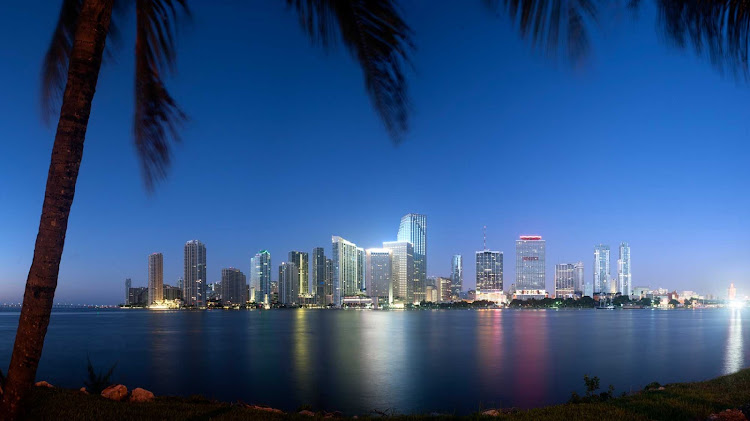 The beautiful night skyline of Miami, Florida.