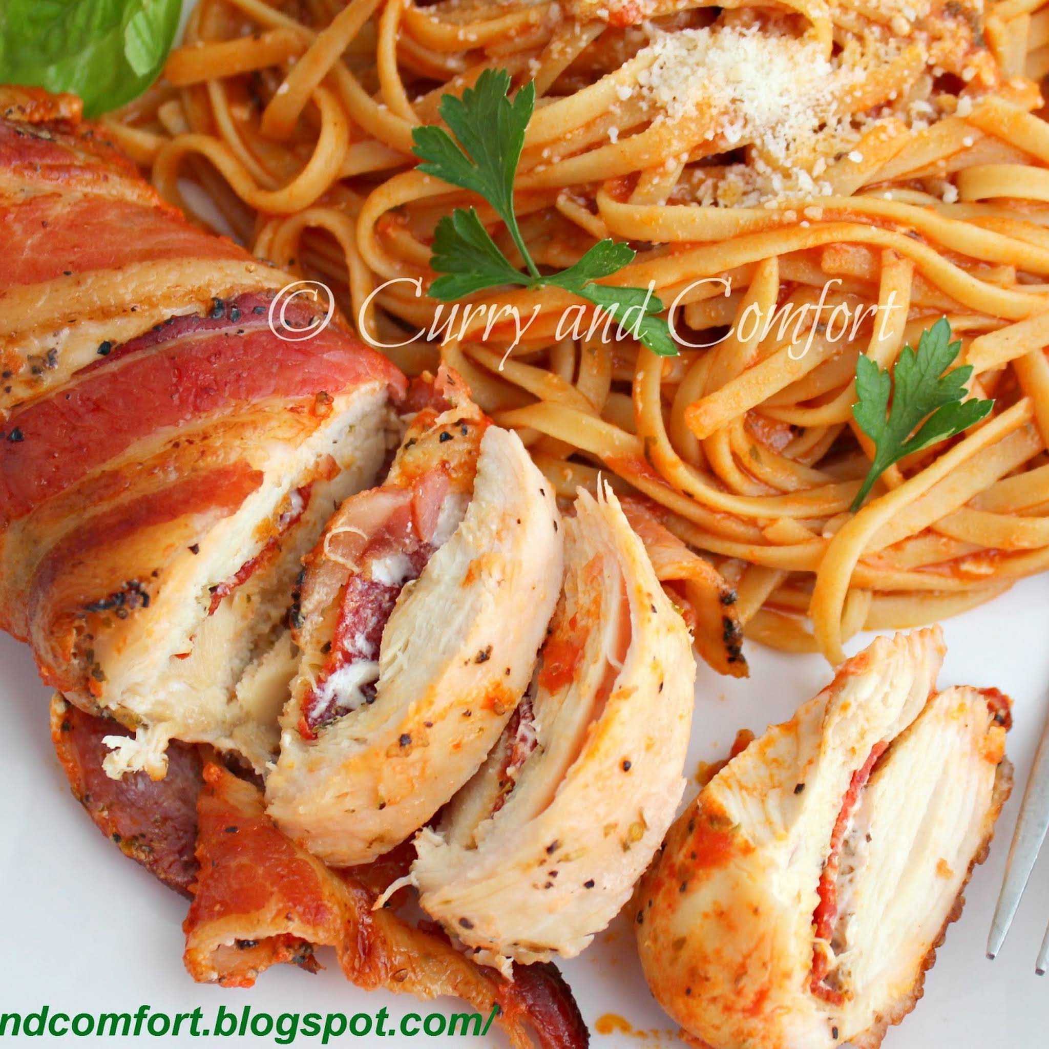 Pizza Stuffed Bacon Wrapped Chicken  taking into consideration Pasta (Day 3 of Bacon Week) # baconweek