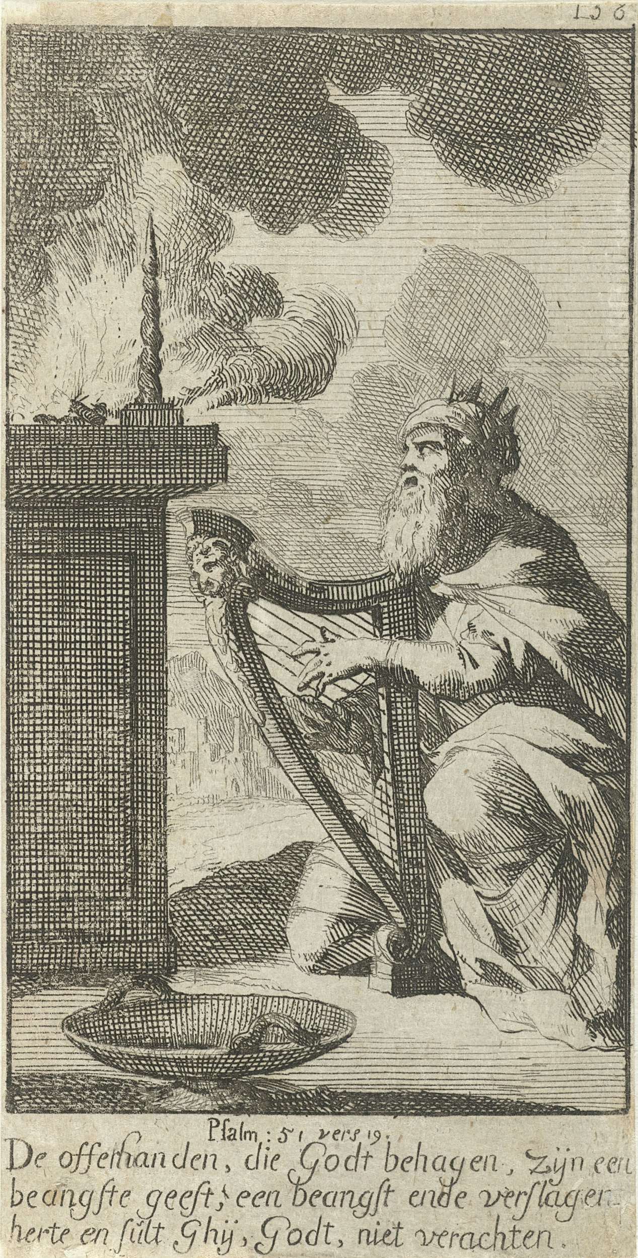 David knielt met zijn harp voor een altaar