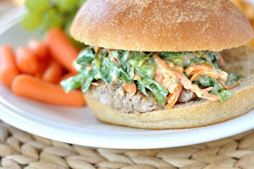 Perfect Turkey Burgers with Romaine and Carrot Slaw