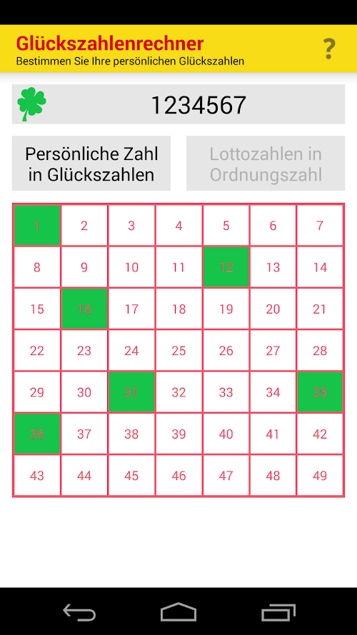 Android application Glückszahlenrechner screenshort