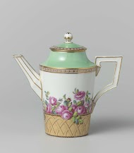 Coffeepot with roses in a basket