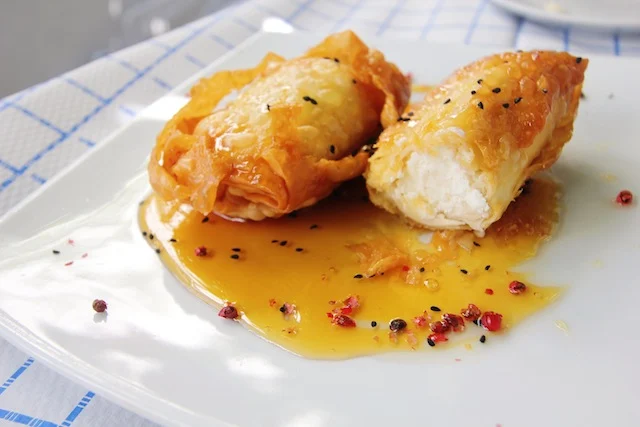 Feta drenched in a sweet honey syrup at Taverna Lucullus on the island of Naxos, Greece.